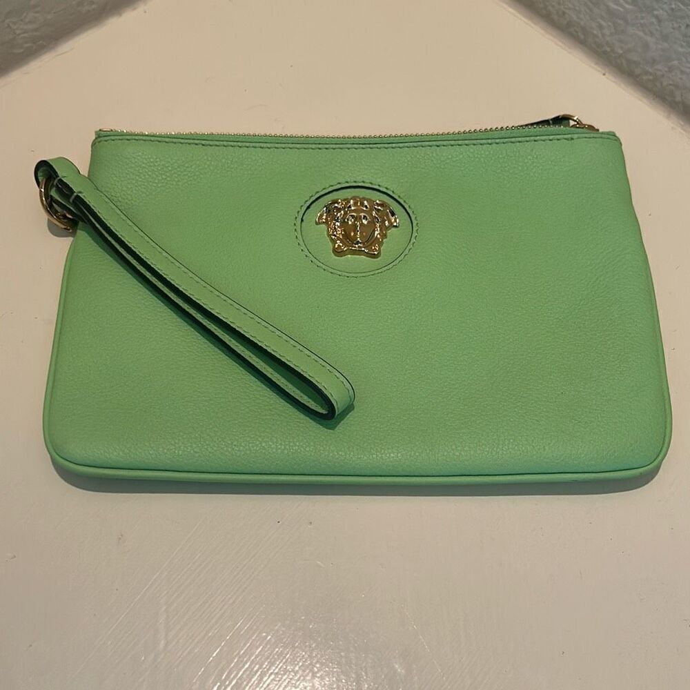 Versace Zip Top Medusa Emblem Wristlet Clutch Lime Green Leather Luxury